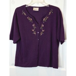 Purple Embroidered Button Up Cardigan Short Sleeve Women's Top vneck feminine